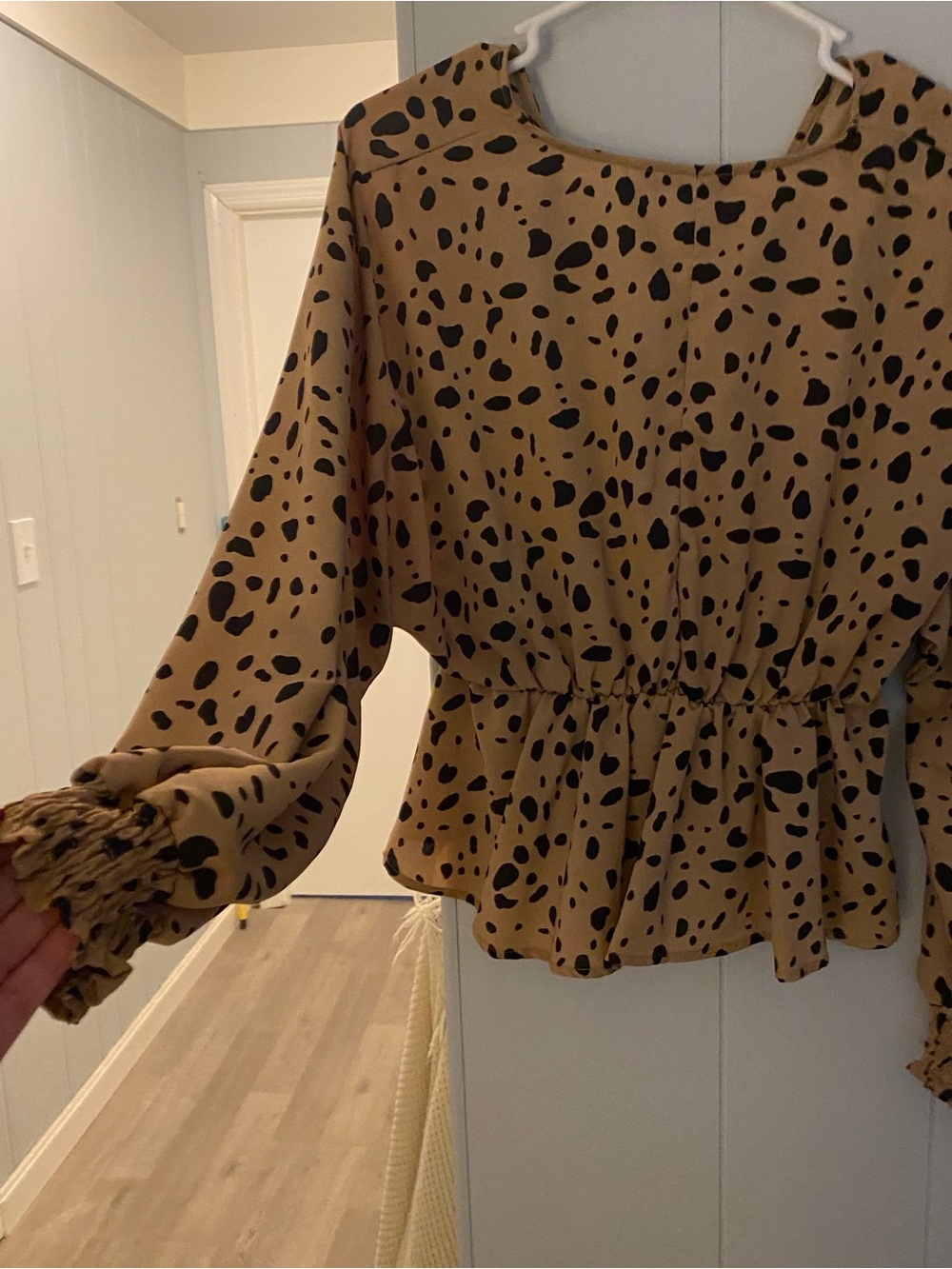 Women's Brown Smocked Waist Peplum Top with Black Spot Print